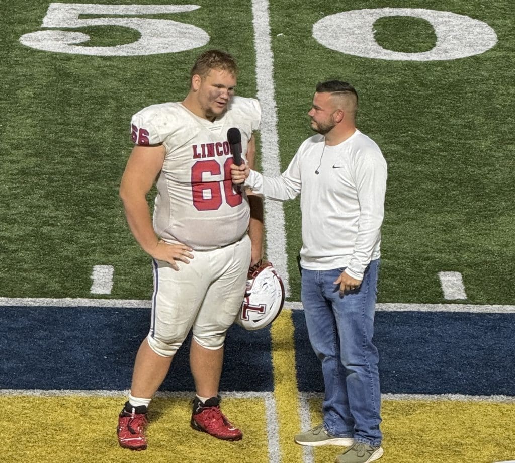 Jonah White being interviewed by Dustin Oney of WPBK-FM in the postgame show.