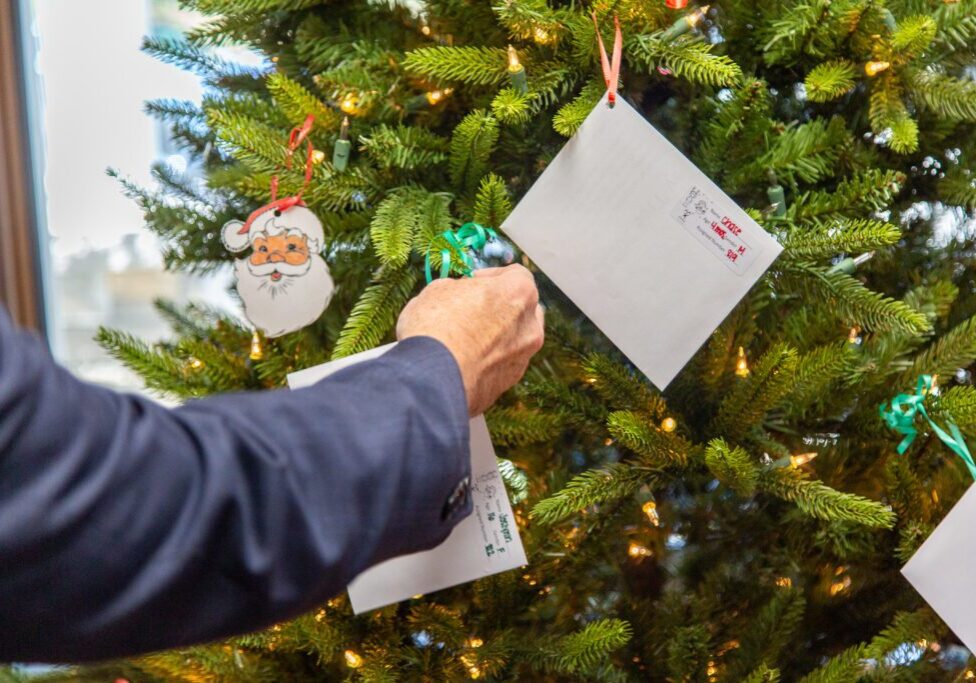 Person placing card on decorated Christmas tree.